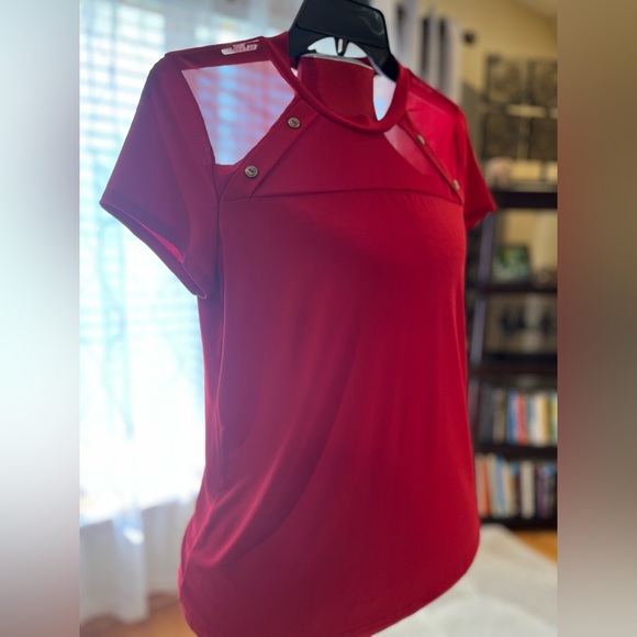 Sheer bodice, red slinky blouse from Adele & May, large. - Picture 10 of 14